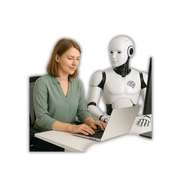 Eine Büroangestellte arbeitet konzentriert an ihrem Laptop, während ein humanoider Roboter aufmerksam neben ihr sitzt – eine starke visuelle Metapher für Ergonomie meets KI mit Wirkung.