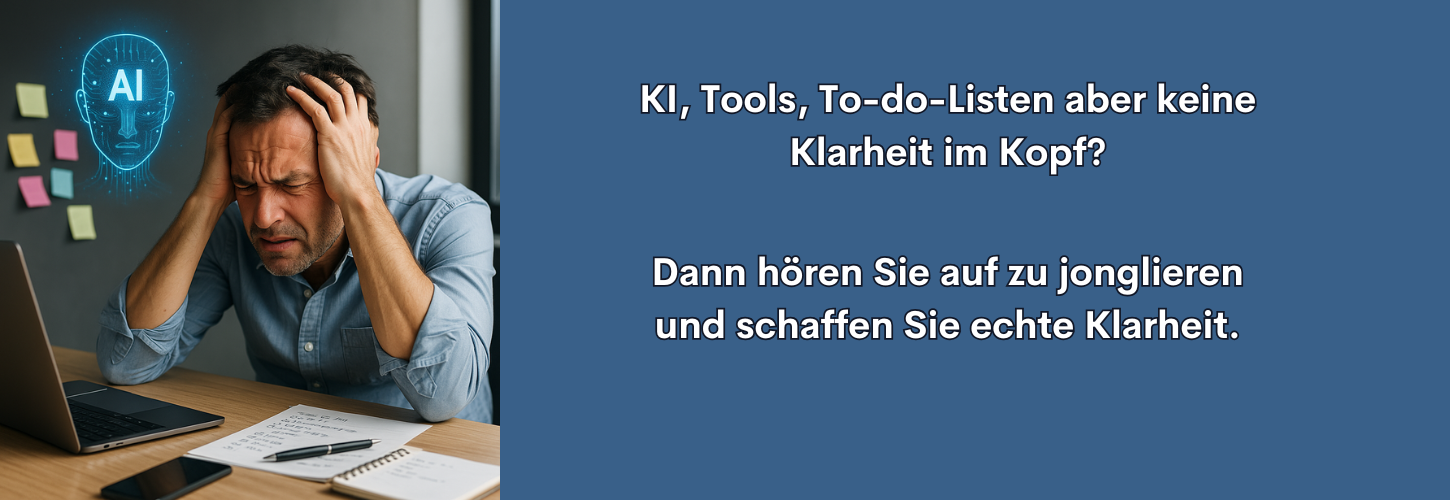 Digitaler Selbsttest für Führung und Teamgesundheit. Symbolbild: überforderter Mitarbeiter mit KI-Symbol am Schreibtisch als Sinnbild für digitale Belastung im Büroalltag