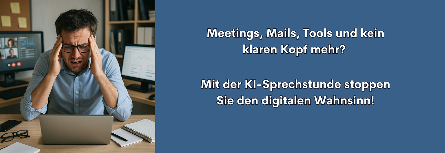 Header - Mann mit Brille vor Laptop, sichtbar überfordert im Büroalltag, Symbolbild für digitalen Druck und die Notwendigkeit, Digitalstress reduzieren zu müssen
