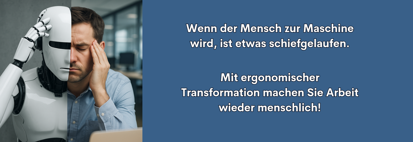 Ergonomische Transformation dargestellt durch die Gegenüberstellung eines erschöpften Büroarbeiters und eines Hominiden Roboters als Symbol für die Mensch-Maschine-Spannung in der digitalen Arbeitswelt.