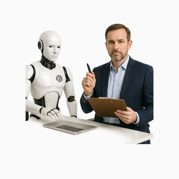 Ein erfahrener Führungskraft sitzt mit ernstem Blick neben einem humanoiden Roboter, beide vor einem Laptop – eine kraftvolle Darstellung für KI-Führung & Transformation im modernen Arbeitsumfeld.