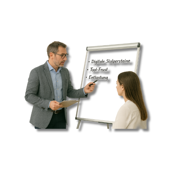 Ein Berater erklärt einer jungen Büroangestellten an einem Flipchart zentrale Themen wie digitale Stolpersteine und Tool-Frust. Eine typische Szene aus der KI-Sprechstunde bei Digitalstress.