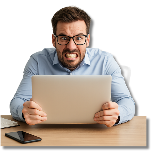 Mobiler Header - Mann mit Brille vor Laptop, sichtbar überfordert im Büroalltag, Symbolbild für digitalen Druck und die Notwendigkeit, Digitalstress reduzieren zu müssen