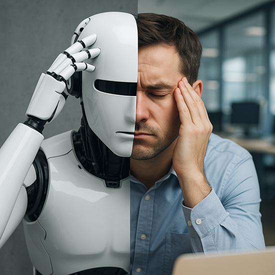 Ergonomische Transformation dargestellt durch die Gegenüberstellung eines erschöpften Büroarbeiters und eines Hominiden Roboters als Symbol für die Mensch-Maschine-Spannung in der digitalen Arbeitswelt.