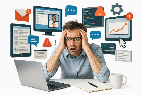 Mobiler Header - Überforderter Büroangestellter am Schreibtisch im digitalen Chaos, Symbolbild für Selfcare im digitalen Arbeitsalltag bei hoher Bildschirmzeit und mentaler Erschöpfung.