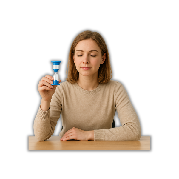 Eine junge Frau sitzt mit geschlossenen Augen ruhig am Schreibtisch und hält eine blaue Sanduhr in der Hand – ein Sinnbild für achtsames Resilienztraining mit künstlicher Intelligenz im digitalen Arbeitsalltag.