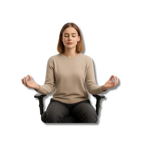 Eine junge Frau sitzt entspannt im modernen Bürostuhl, die Augen geschlossen und die Hände in Meditationshaltung. Symbol für Selfcare im täglichen Digitalstress.
