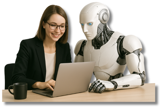 Eine junge Büroangestellte arbeitet gemeinsam mit einem humanoiden Roboter an einem Laptop – ein ausdrucksstarkes Symbol für den Einsatz von EKI am Arbeitsplatz