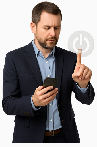 Ein Mann im Business-Outfit hält ein Smartphone in der einen Hand und deutet mit der anderen auf ein virtuelles Power-Symbol – ein starkes Sinnbild für bewusste Online-Selbstfürsorge im digitalen Alltag.