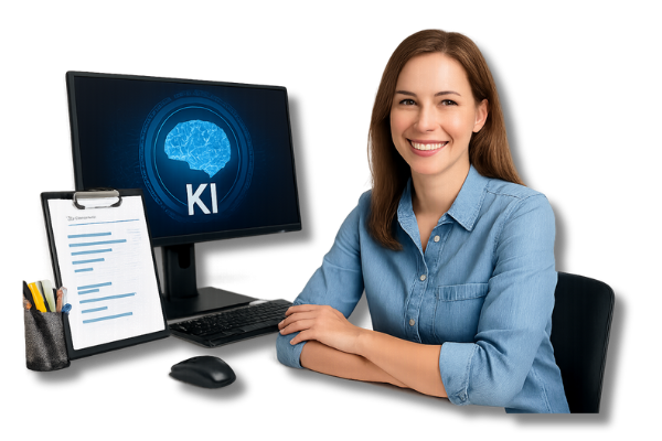 Freundliche Frau zeigt ergonomische Tipps, um den Homeoffice Arbeitsplatz verbessern zu können.