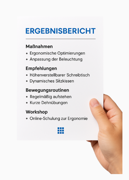 Hybride Ergonomieberatung dargestellt durch einen digitalen Ergebnisbericht mit klaren Empfehlungen, ergonomischen Tipps und umsetzbaren Maßnahmen für gesunde Arbeitsplätze.
