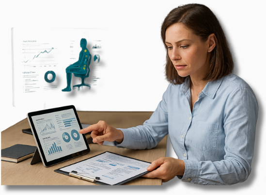 Fotorealistische Darstellung einer modernen Arbeitsplatzanalyse mit digitalen Tools, die den Zusammenhang von Ergonomie und KI verdeutlicht
