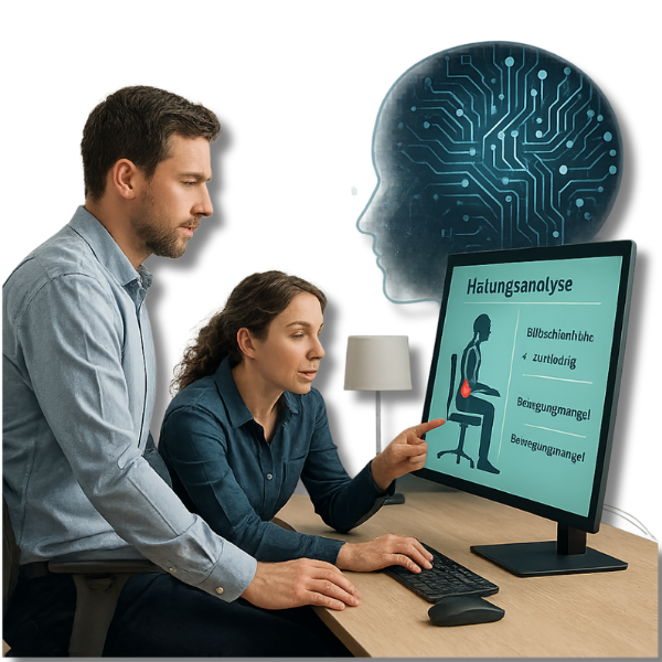 Symbolbild für das Zusammenspiel zwischen Ergonomie und KI. Ein Mann und eine Frau analysieren gemeinsam am Computer eine Haltungsanalyse, während im Hintergrund ein digitales KI-Symbol leuchtet.