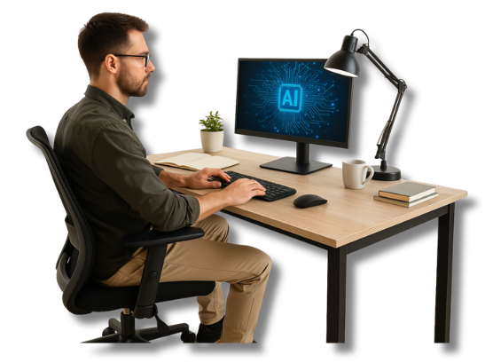 Junger Mann sitzt an ergonomischem Tisch mit Laptop, Symbolbild für Homeoffice Arbeitsplatz verbessern