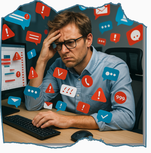 Ein fotorealistisches Bild zeigt einen gestressten Büroangestellten mit angespanntem Blick vor mehreren geöffneten digitalen Benutzeroberflächen, die chaotisch um ihn herum schweben. Symbolbild für Psychische Belastung durch KI im modernen Arbeitsalltag.