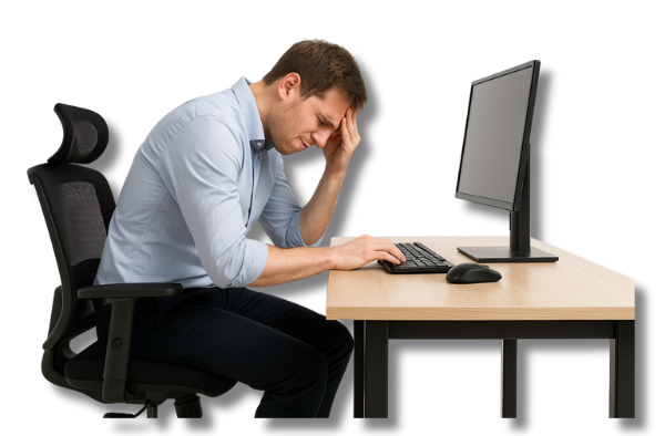 Symbolbild für schlechte Arbeitsbedingungen. Ein junger Mann sitzt erschöpft mit der Hand am Kopf vor seinem Computer, seine schlechte Haltung macht deutlich, wie dringend eine Arbeitsplatzoptimierung notwendig ist.