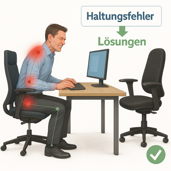 Darstellung eines Büroangestellten mit sichtbaren Haltungsfehlern und roten Markierungen an Rücken, Schultern und Hüfte, daneben ein ergonomischer Stuhl mit grünem Haken als Lösung. Symbolbild zum Thema Haltungsschäden vermeiden.