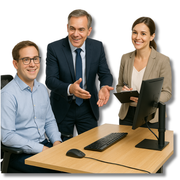 Sybolbild - Drei freundlich wirkende Fachkräfte führen gemeinsam eine Arbeitsplatzanalyse für Unternehmen an einem modernen Büroarbeitsplatz durch.
