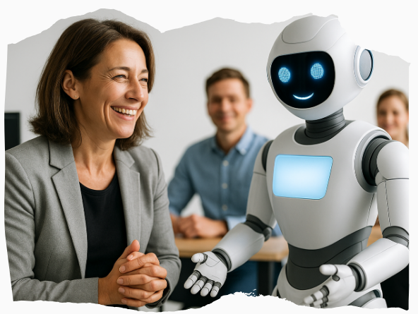 Ein Business-Coach beobachtet aufmerksam eine Mitarbeiterin in einem modernen Büro, während auf einem wandgroßen Bildschirm KI-gestützte Auswertungen angezeigt werden – eine Szene, die digitale Selbstfürsorge im beruflichen Alltag symbolisiert.