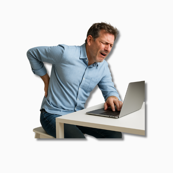 Blogbeitrag Beitragsbild - Mann mit Rückenschmerzen vor Laptop sitzend, Fokus auf Ergonomie im Homeoffice