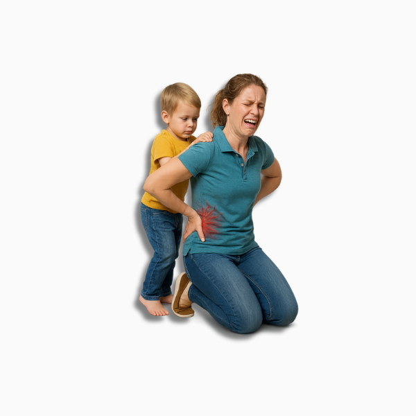 Blogbeitrag - Ergonomie in der Kita. Symbolbild einer Erzieherin mit Rückenschmerzen beim Tragen eines Kindes