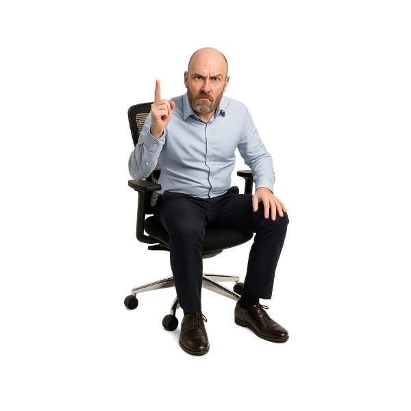 Beitragsbild Blogbeitrag - HUMAN PLUS Update. Symbolbild zeigt einen streng blickenden Mann auf ergonomischem Stuhl, der symbolisch auf die Notwendigkeit von Ergonomie-Updates hinweist.
