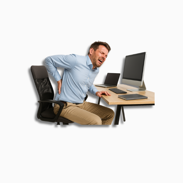Beitragsbild Blogbeitrag - Mann mit Rückenschmerzen an einem modernen Schreibtisch als Symbol für den Blogbeitrag „hybride Ergonomieberatung im Büro und Homeoffice
