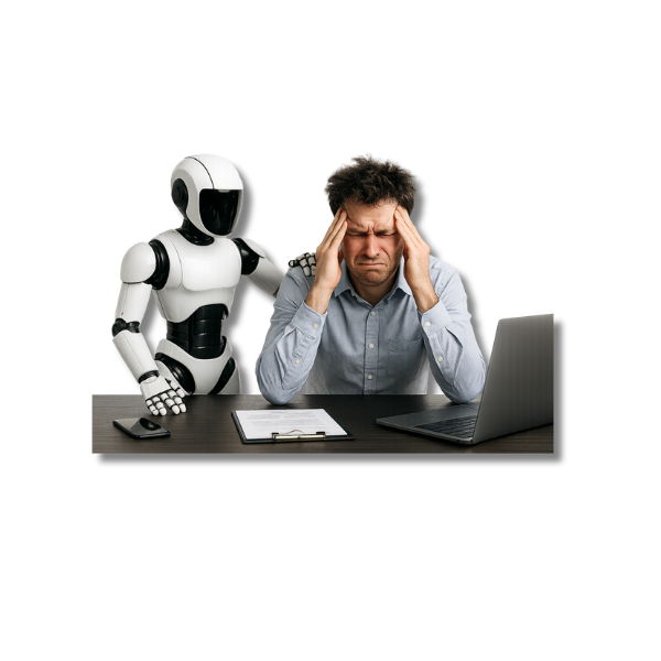 Überforderter Büroangestellter mit Roboter an der Seite am dunklen Schreibtisch. Symbolisches Bild für das Spannungsfeld von Ergonomie meets KI.