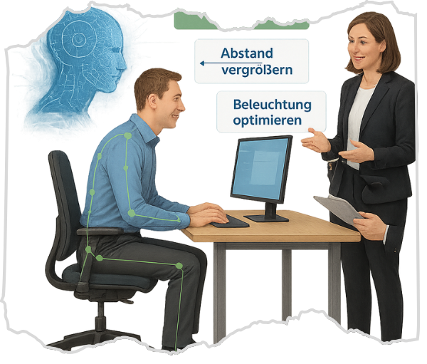 Fotorealistische Darstellung einer Haltungsanalyse um Haltungsschäden zu vermeiden, bei der KI-Daten und menschliche Ergonomie-Experten zusammenwirken und konkrete Empfehlungen am Arbeitsplatz geben.