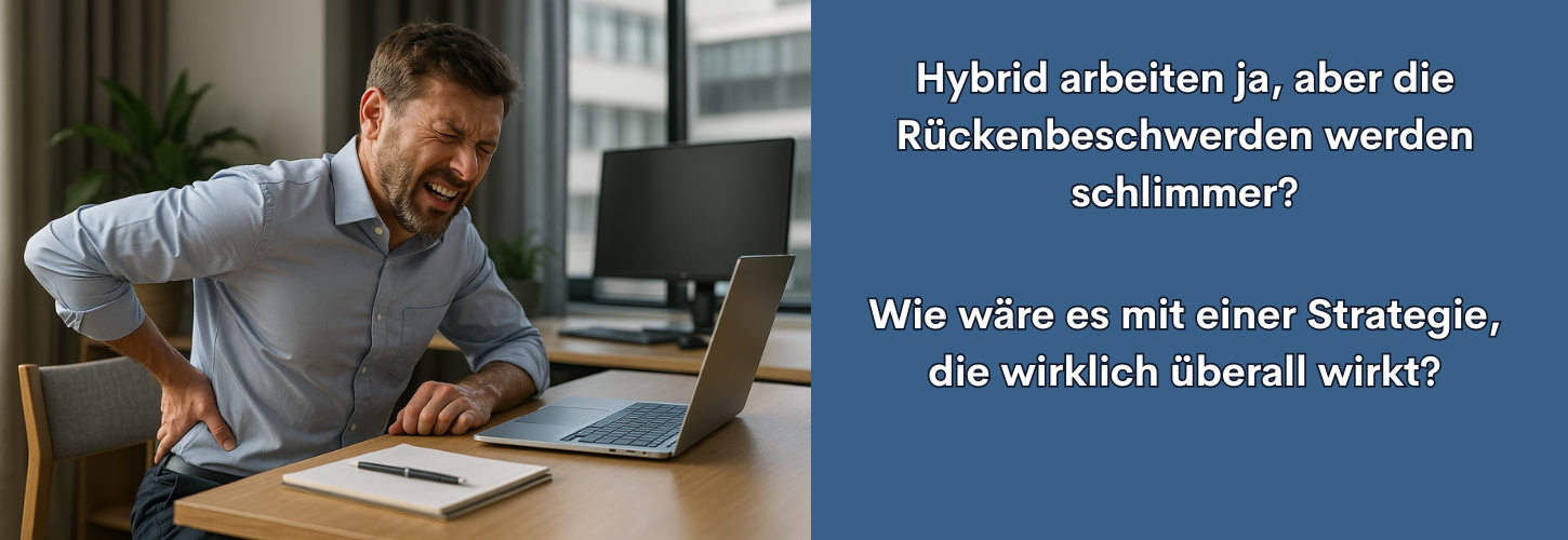 Header - Mann mit Rückenschmerzen am Schreibtisch während der Arbeit im Büro und Homeoffice als Symbol für hybride Ergonomieberatung