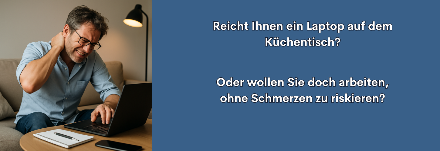 Header - Mann mit Rückenschmerzen arbeitet am Laptop im Wohnzimmer, Fokus auf Ergonomie im Homeoffice