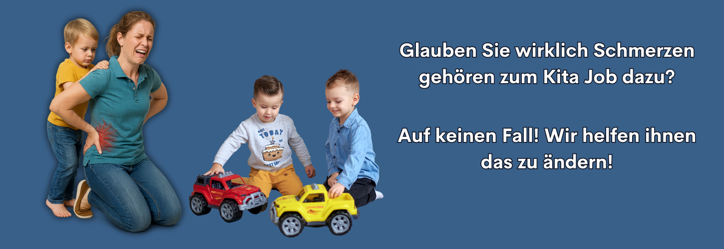 Header - Ergonomie in der Kita mit deutlicher Darstellung von Rückenschmerzen im Arbeitsalltag einer Erzieherin