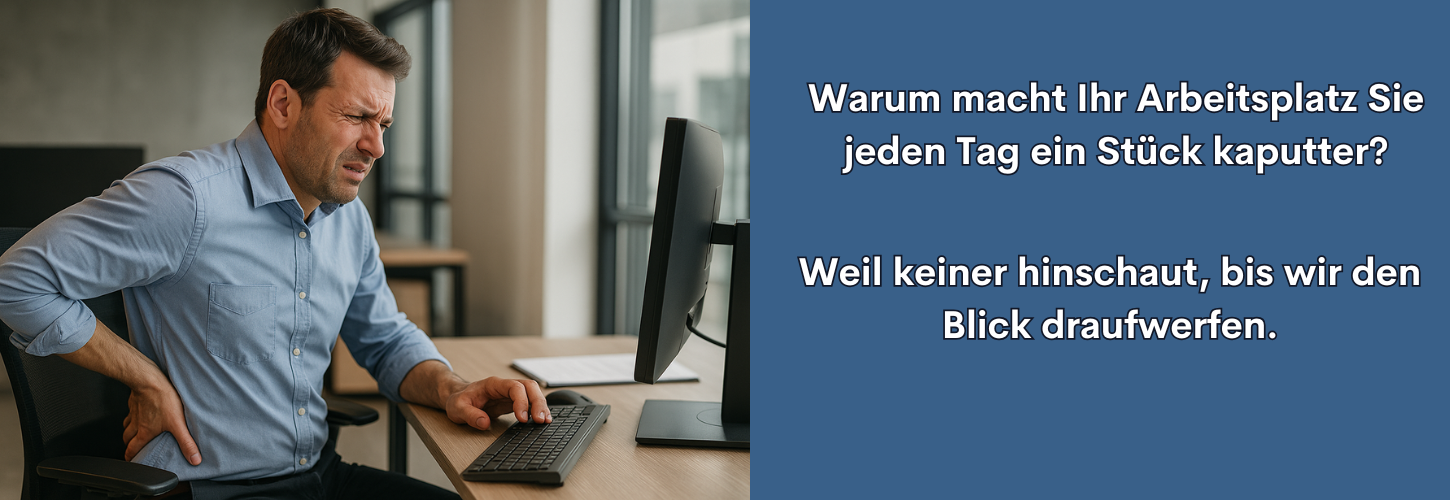 Header - Gesund sitzen im Büro an einem ergonomischen Arbeitsplatz. Symbolbild: Büroangestellter in modischer Businesskleidung am Schreibtisch sitzend mit sichtbaren Rückenschmerzen.