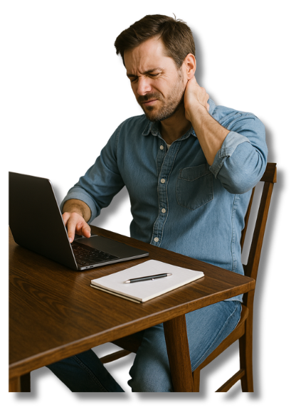 Homeoffice Arbeitsplatz verbessern mit ergonomischer Gestaltung – fotorealistisches Bild einer Person, die ungesund am Küchentisch mit Laptop arbeitet, Symbol für fehlende Ergonomie im Homeoffice.