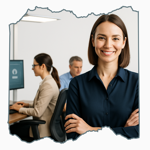 Eine professionelle Geschäftsfrau mit freundlichem Gesichtsausdruck steht in einem modernen Büro und blickt selbstbewusst in die Kamera, während digitale Designelemente im Hintergrund eine harmonische Arbeitsumgebung symbolisieren, ideal zur Darstellung des Themas gesunde Digitalisierung.