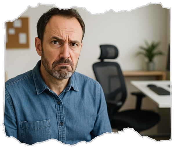 Mobiler Header - HUMAN PLUS Update zeigt skeptischen Mitarbeiter in modernem Büro mit ergonomischem Arbeitsplatz