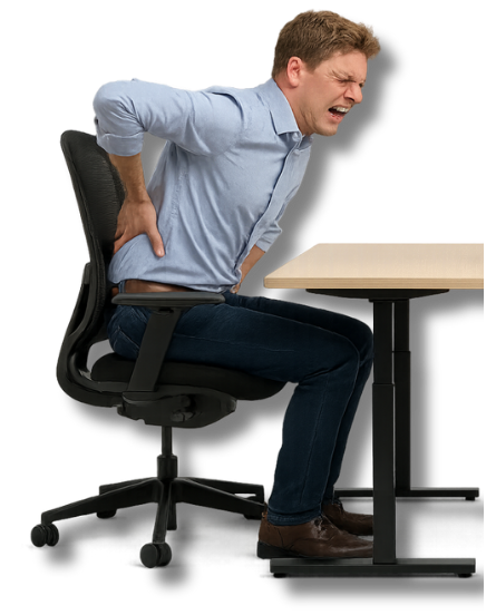 Mobiler Header - Gesund sitzen im Büro an einem ergonomischen Arbeitsplatz. Symbolbild: Büroangestellter in modischer Businesskleidung am Schreibtisch sitzend mit sichtbaren Rückenschmerzen.
