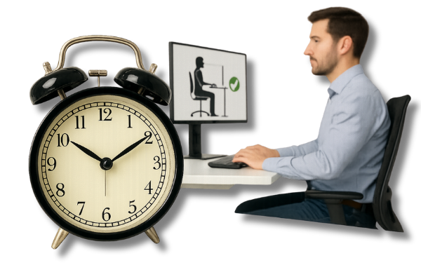 Symbolbild für nachhaltige Ergonomie-Lösungen der ERGONOMIEFABRIK. Ein Wecker symbolisiert die richtige Zeit für regelmäßige Ergonomie-Checks, während ein Mitarbeiter an einem ergonomisch eingerichteten Arbeitsplatz sitzt.