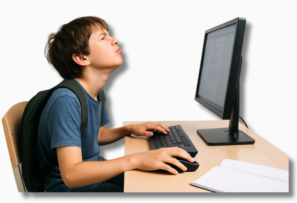 in Junge sitzt an einem ergonomisch eingerichteten Schreibtisch mit passender Beleuchtung und Bildschirmhöhe. Symbol für eine gesunde Lernumgebung zu Hause.