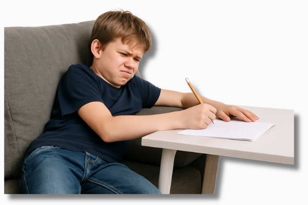 Ergonomie bei Kindern dargestellt durch einen Jungen, der in ungesunder Sitzhaltung am Schreibtisch sitzt und damit die typischen Probleme falscher Lernumgebungen symbolisiert.