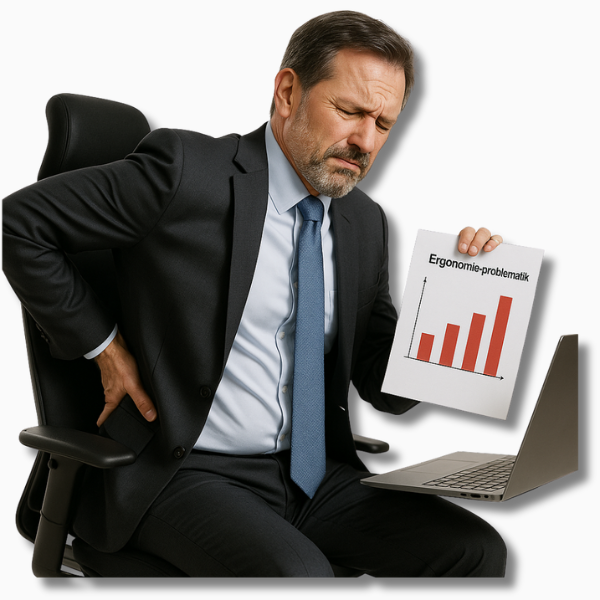 Symbolische Darstellung von Gesundheit am Arbeitsplatz, mit übertrieben erschöpftem Geschäftsmann und spürbaren Folgen schlechter Ergonomie im Büro.