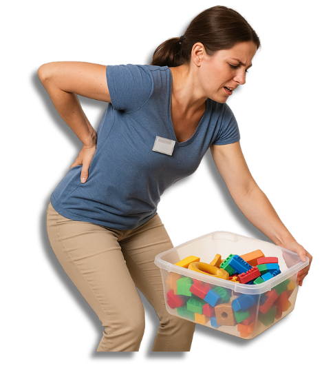 Erzieherin hebt eine Kiste mit Bausteinen in der Kita vorsichtig an, Symbolbild für Rückengesundheit Erzieherinnen