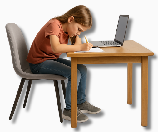 Ergonomie bei Kindern – Mädchen sitzt mit krummer Haltung am Schreibtisch und zeigt typische Sitzprobleme beim Lernen.