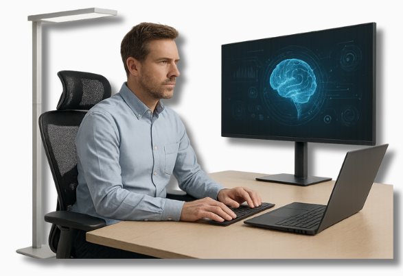 Eine moderne Büroszene mit einem konzentriert arbeitenden Mann vor mehreren Bildschirmen, die KI-Elemente visualisieren. Der Arbeitsplatz ist ergonomisch optimiert, mit Steh-Sitz-Schreibtisch und aktiver Sitzhaltung. Das Bild symbolisiert den Ansatz Ergonomie meets KI als ganzheitliche Verbindung von Technik und Gesundheit.