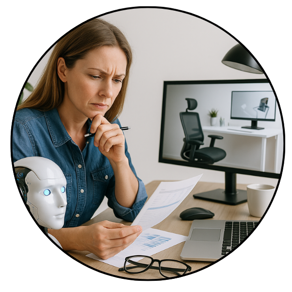Professionelle Frau sitzt an einem ergonomisch eingerichteten Schreibtisch im Homeoffice, symbolisch für die moderne Arbeitsplatzanalyse und Beratung durch HUMAN PLUS.