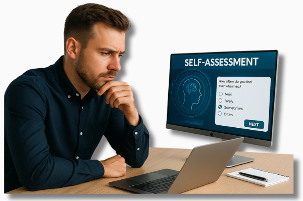 Ein Mann blickt konzentriert auf den Bildschirm eines Tablets, während im Hintergrund eine stilisierte grafische Benutzeroberfläche schwebt – ein Sinnbild für digitale Selbstfürsorge und präzise KI-gestützte Analyse des mentalen Zustands im Arbeitsalltag.