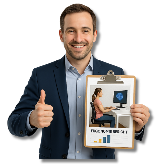 Symbolbild: Junger Business Mann mit blauen Jackett zeit mit der einen Hand den Daumen hoch. In der anderen hält er ein Klembrett mit dem Ergonomie-Bericht.
