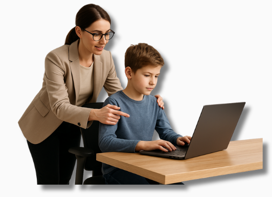 Ergonomie-Expertin zeigt einem Kind, wie man die Haltung verbessern beim Lernen kann, durch richtige Sitzposition und Arbeitsplatzgestaltung.