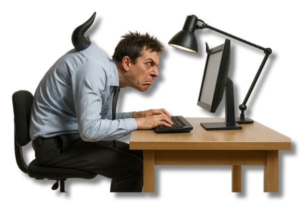 Übertriebene Darstellung eines Büroangestellten an einem unergonomischen Arbeitsplatz mit gekrümmtem Rücken und falscher Sitzhaltung. Symbolbild zum Thema Haltungsschäden vermeiden.