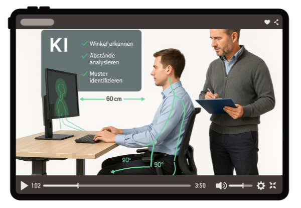 Ein Ergonomie-Experte analysiert die Haltung eines Mitarbeiters am Schreibtisch mithilfe digitaler Messdaten wie Abstände und Winkel. Symbolbild für KI und Ergonomie